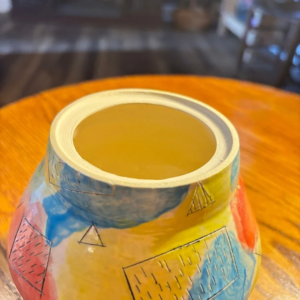 Studio Pottery Memphis Style Geometric Abstract Ceramic Vase Hand Painted Yellow